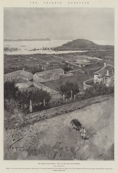 Den kinesiska frågan, fördraget Port Chefoo, vy över staden och hamnen av Henry Charles Seppings Wright