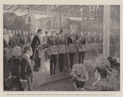 Hertigen av Connaught lägger grundstenen för de nya skolorna vid Royal Masonic Institution for Boys i Bushey den 12 maj av Henry Charles Seppings Wright
