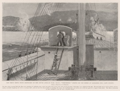 De första skotten från ett fartyg i det sydafrikanska kriget, HMS Partridge skjuter mot boerna vid Saldanha Bay, Kapkolonien. av Henry Charles Seppings Wright