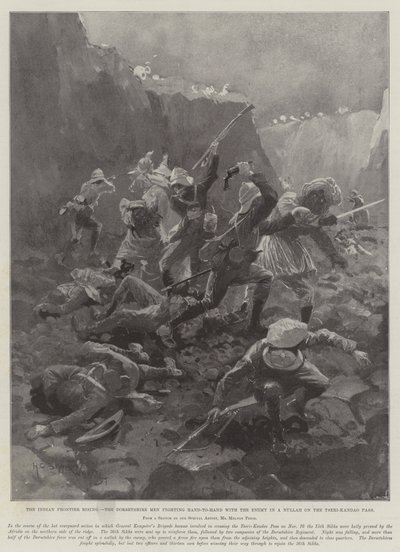 Indian Frontier Rising, Dorsetshire-männen kämpar hand-till-hand med fienden i en Nullah på Tseri-Kandao-passet av Henry Charles Seppings Wright
