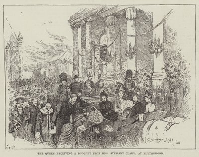 Drottningen tar emot en bukett från Mrs Stewart Clark i Blythswood av Henry Charles Seppings Wright
