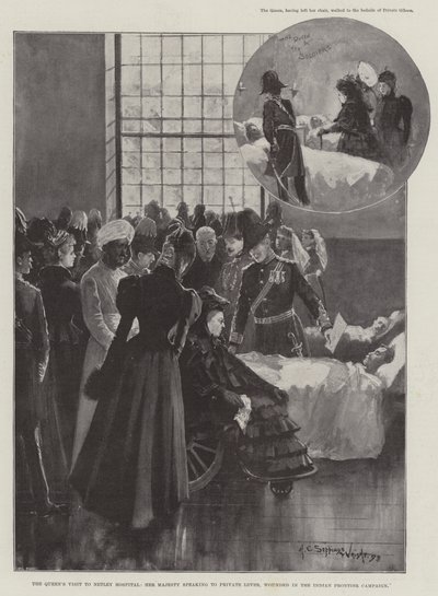 Drottningens besök på Netley Hospital, Hennes Majestät talar till Private Lever, skadad i Indian Frontier Campaign av Henry Charles Seppings Wright