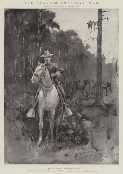 Det spansk-amerikanska kriget, med kavalleriet av pikettjänst vid Tampa (gravyr) av Henry Charles Seppings Wright