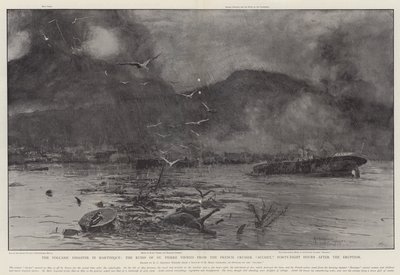 Vulkaniska katastrofen på Martinique, ruinerna av St Pierre sedda från den franska kryssaren Suchet, fyrtioåtta timmar efter utbrottet av Henry Charles Seppings Wright