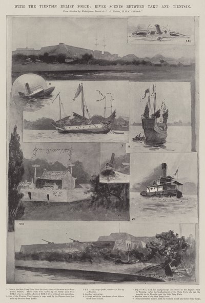Med Tientsin Relief Force, flodscener mellan Taku och Tientsin av Henry Charles Seppings Wright