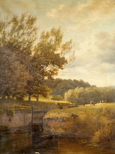 Skogbevuxen landskap med pojke som fiskar i ett sluss, 1931. av Henry Cheadle