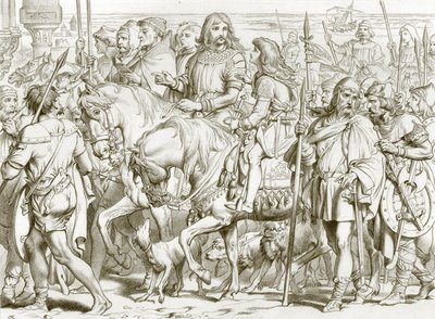 Hereward går in i den invigda fästningen St Bertin (gravyr) av Henry Courtney (after) Selous