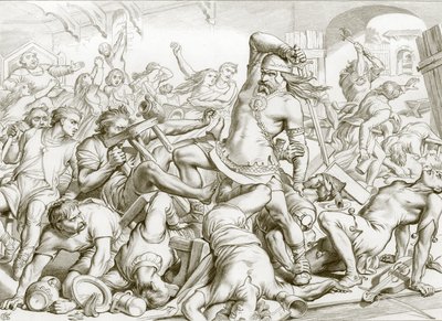Hur Hereward befriade Bourne från fransmän (gravyr) av Henry Courtney (after) Selous