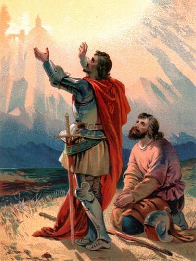 "Christian, pilgrimen i titeln, knäböjer av förundran när han och hans följeslagare kommer inom synhåll för den heliga staden" av Henry Courtney Selous