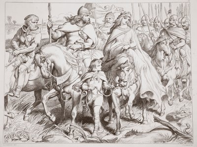 Hereward vaktar Alftruda till en plats för säkerhet, illustration från Hereward den store av Charles Kingsley, pub. 1870, graverad av C.G. Lewis (gravyr av stålplåt) av Henry Courtney Selous
