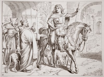 Hereward informerar sin farbror Prior om att han är på väg att bli förbjuden, illustration från Hereward the Great av Charles Kingsley, pub. 1870, graverad av C.G. Lewis (gravyr av stålplåt) av Henry Courtney Selous