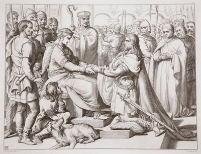 How Hereward kom in till kungen, illustration från Hereward the Great av Charles Kingsley, pub. 1870, graverad av C.G. Lewis (gravyr av stålplåt) av Henry Courtney Selous