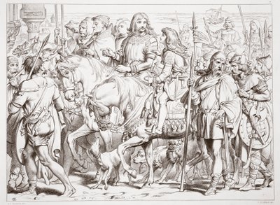 Hur Hereward går in i den invigda fästningen St. Bertin, illustration från Hereward den store av Charles Kingsley, pub. 1870, graverad av C.G. Lewis (gravyr av stålplåt) av Henry Courtney Selous