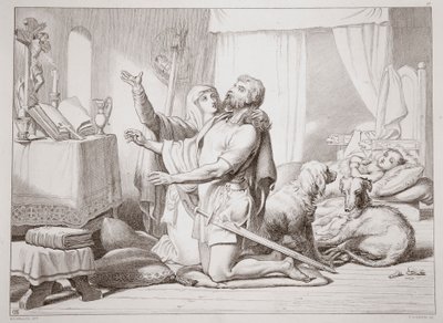 Hur Torfrida lär Hereward att be, illustration från Hereward the Great av Charles Kingsley, pub. 1870, graverad av C.G. Lewis (stålplåtsgravyr). av Henry Courtney Selous