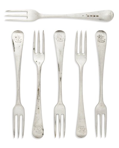 Set med George III koloniala efterrättsgafflar i gammalt engelskt mönster, Gibraltar, ca 1790 (silver) av Henry Cowper