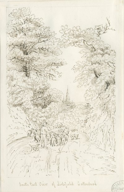 Lichfield Cathedral - South East View (avlägsen): pennteckning, nd [19th cent] (ritning) av Henry Curzon Allport