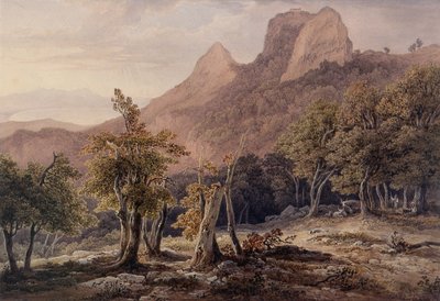 Stenigt landskap med figurer och en sjö i bakgrunden av Henry Curzon Allport