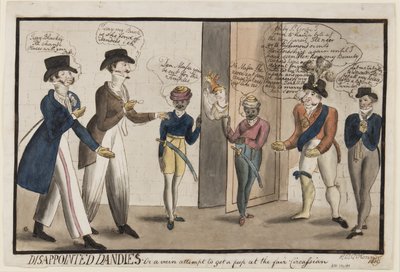 Disappointed Dandies: Eller ett fåfängt försök att få en titt på mässan Circassian, 1819 (penna, pensel, bläck & wc på papper) av Henry E. O. OConnor