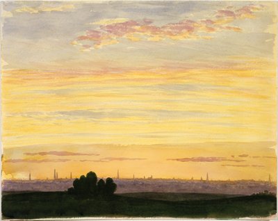 Stad och solnedgång av Henry Farrer