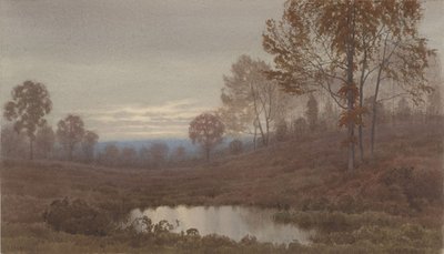 Solnedgångslandskap med damm av Henry Farrer