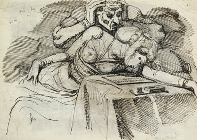 En kvinna som svimmar vid ett skrivbord, med en hotfull figur bakom av Johann Heinrich Füssli