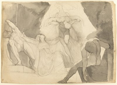 Med hjälp av Eeriboia bär Hermes bort de utmattade arerna från Aloeus sovande söner (recto); Skiss av en av Aloeus sovande söner (verso) av Johann Heinrich Füssli
