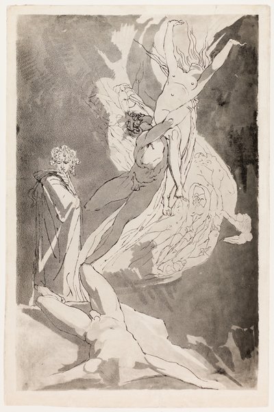 Dante svimmar inför Paolos och Francescas svävande själar, Virgil vid hans sida av Johann Heinrich Füssli