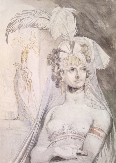 Halvfigur av en kurtisan med fjädrar, en rosett och en slöja i håret, 1800-10 (penna, wc och bläck på papper) av Johann Heinrich Füssli