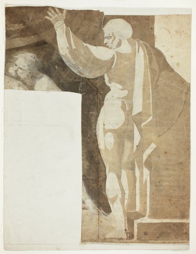 Manlig figur med vänster arm upplyft sett från baksidan och fragment av gammal man av Johann Heinrich Füssli