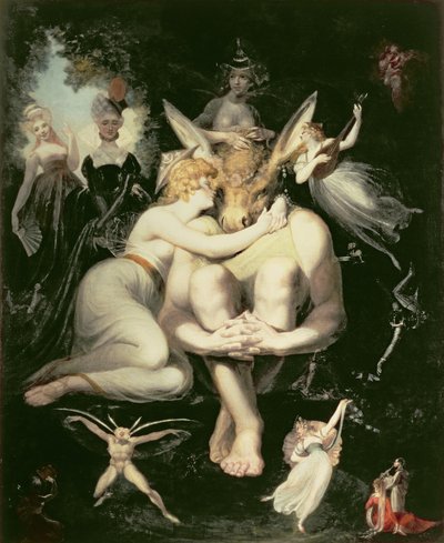 Titania vaknar, omgiven av älvor, häpnadsväckande klamrar sig fast vid botten, fortfarande bär rövhuvudet, 1793-4 av Johann Heinrich Füssli