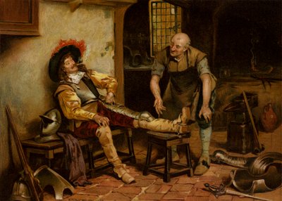 A Splendid Fit, en man som förses med rustning (chromolitho) av Henry Gillard (after) Glindoni