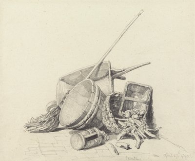 Stilleben med skottkärra och korgar, 27 april 1840 av Henry Harris Lines