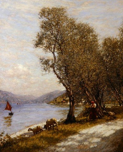 A Veronese Shepherdess, Gardasjön (olja på duk) av Henry Herbert La Thangue