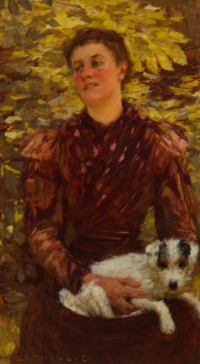 Ung flicka med en hund (olja på duk) av Henry Herbert La Thangue