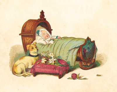 Prinsessan Victoria sover i sin spjälsäng (färg litho) av Henry Hetherington Emmerson
