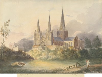 Lichfield Cathedral - West View: akvarellmålning, 1844 av Henry James Noyes