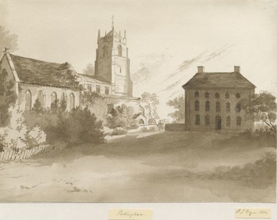 Pattingham Church and Vicarage House: sepiatvättteckning, 1844 av Henry James Noyes