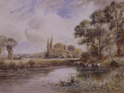 Landskap med ängar och boskapsdrickande (akvarell på papper) av Henry John Kinnaird