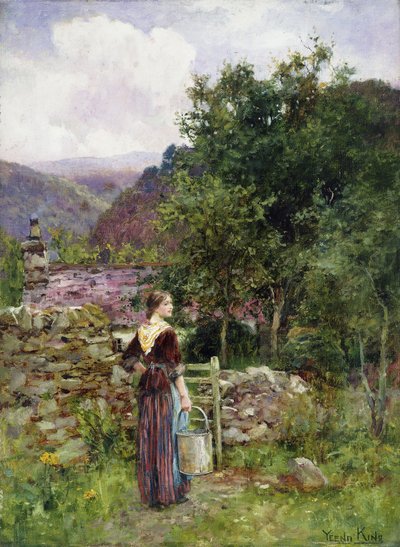 En ung flicka som står utanför en stuga med en hink, av Henry John Yeend King
