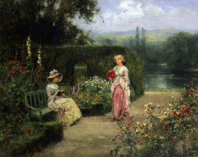 Unga kvinnor i en trädgård på den engelska landsbygden. Målning av Yeend King (1855-1924) Privat samling. av Henry John Yeend King