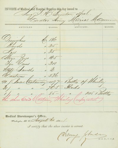 Invoice of medical and hospital stores, signed Henry Johnson, August 30, 1864 av Henry Johnson