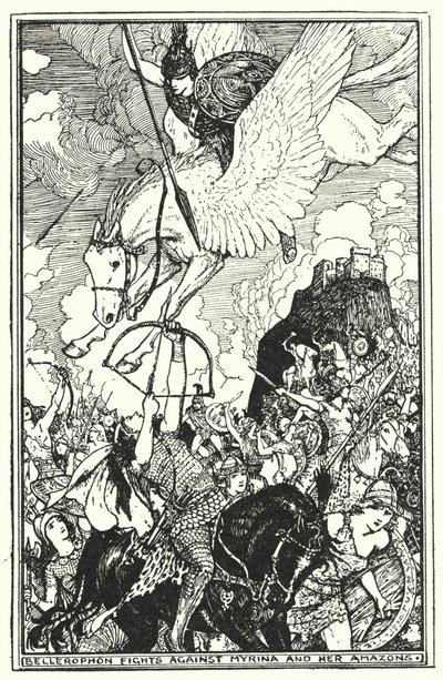 Bellerophon slåss mot Myrina och hennes amasoner (litho) av Henry Justice Ford