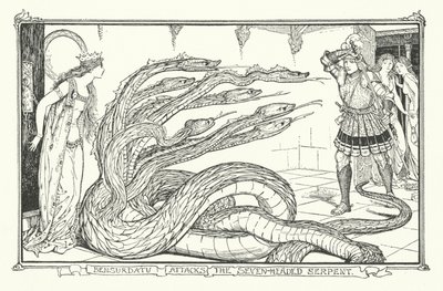 Bensurdatu attackerar den sjuhövdade ormen (gravyr) av Henry Justice Ford