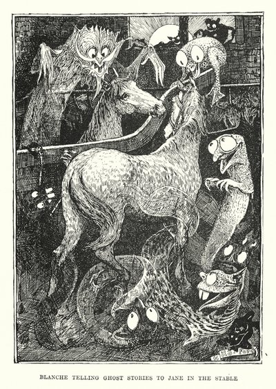 Blanche berättar spökhistorier för Jane i stallet (gravyr) av Henry Justice Ford