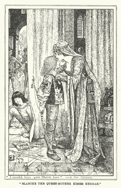 "Blanche drottningmodern kysser Herman" (litho) av Henry Justice Ford