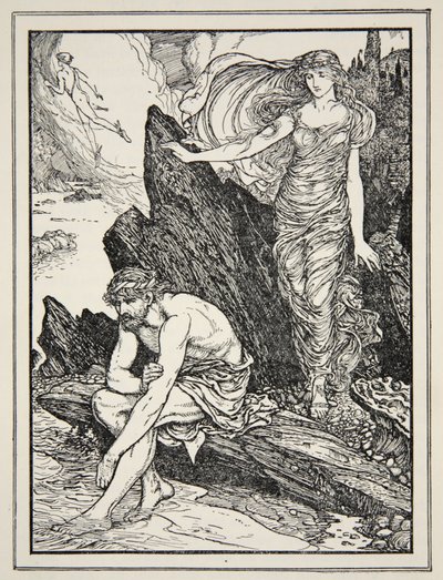 Calypso tar synd om Ulysses, från "Tales of the Greek Seas" av Andrew Lang av Henry Justice Ford