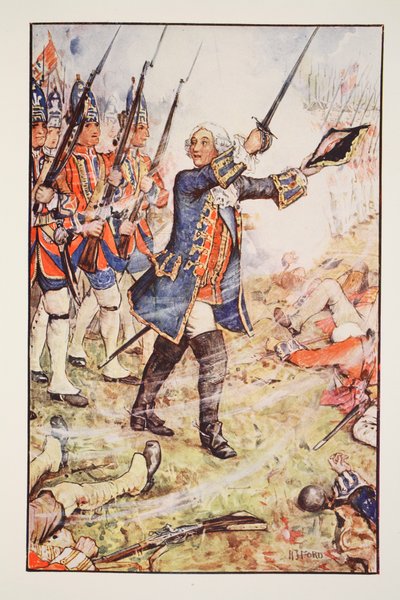 Georg II vid Dettingen, 1743, illustration från "A History of England" av C.R.L. Fletcher och Rudyard Kipling, 1911 av Henry Justice Ford
