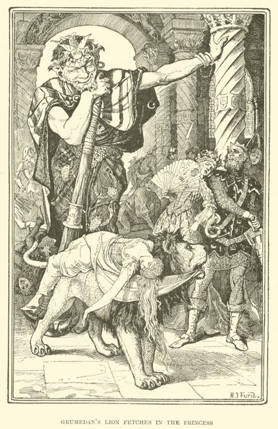 Grumedans lejon hämtar i prinsessan (gravyr) av Henry Justice Ford