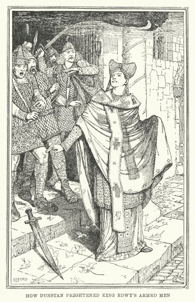 Hur Dunstan skrämde kung Edwys beväpnade män (litho) av Henry Justice Ford