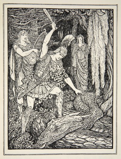 Hur ormen som vaktade det gyllene skinnet dödades, från "Tales of the Greek Seas" av Andrew Lang, 1926 (bläck på papper) av Henry Justice Ford